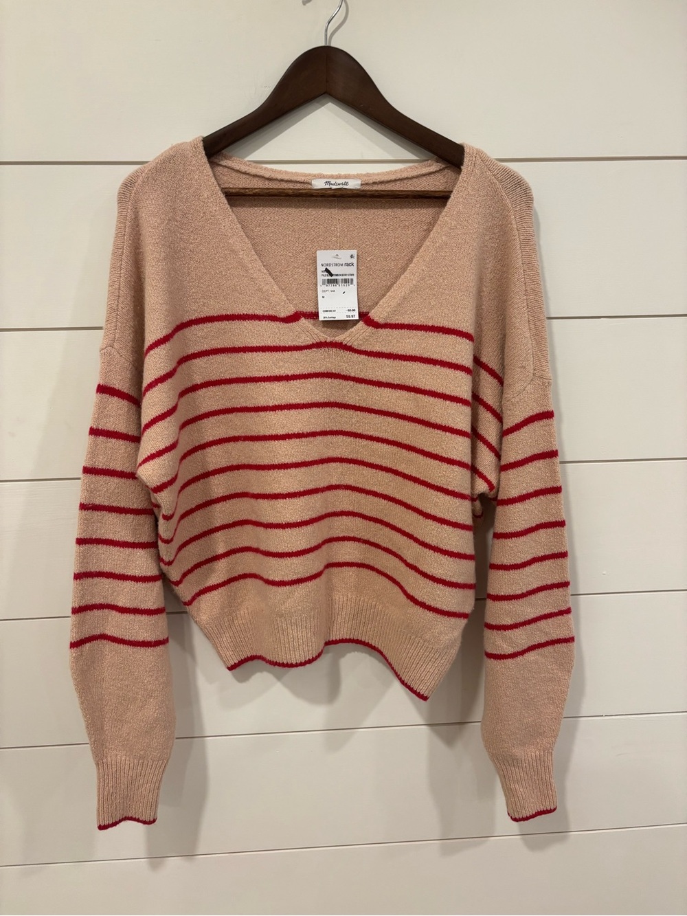 Madewell V-Neck Striped Cotton Merino Wool Blend Sweater in Crimson Berry Stripe